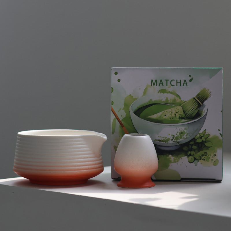 Soft Red - 2 Pieces ribbed matcha bowl set with matching holder and its actual retail box