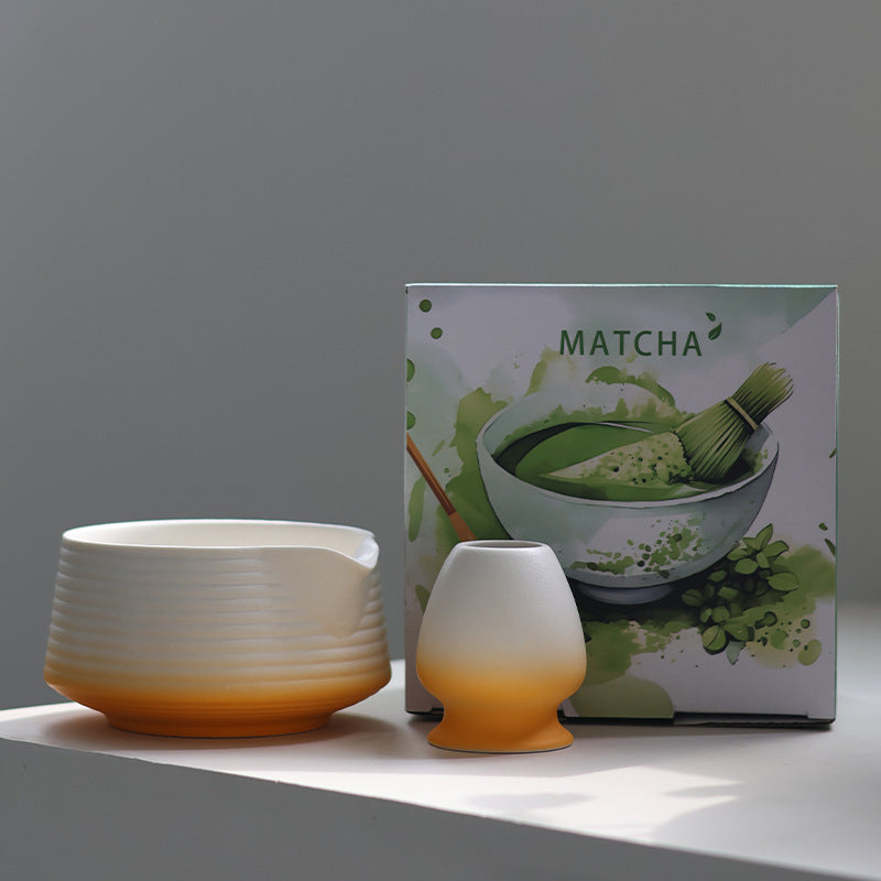 Orange - 2 Pieces ribbed matcha bowl set with matching holder and its actual retail box
