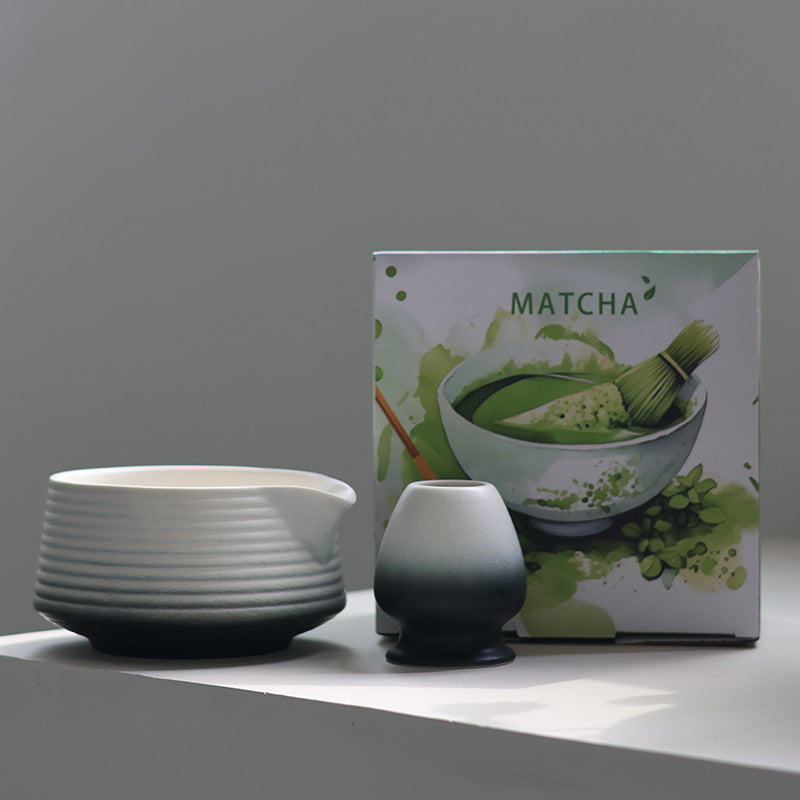 Black - 2 Pieces ribbed matcha bowl set with matching holder and its actual retail box