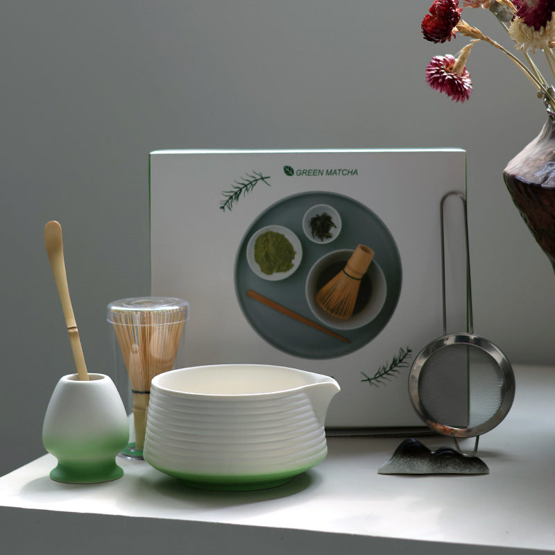 Green - 6 Pieces ribbed matcha bowl set with matching holder and its actual retail box