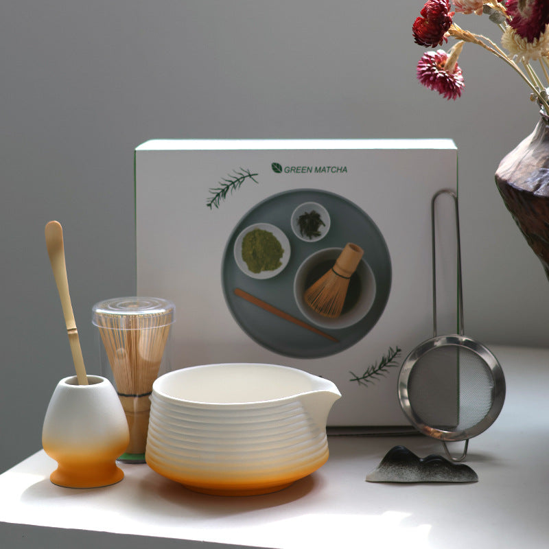 Orange - 6 Pieces ribbed matcha bowl set with matching holder and its actual retail box