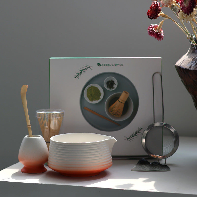 Soft Red - 6 Pieces ribbed matcha bowl set with matching holder and its actual retail box