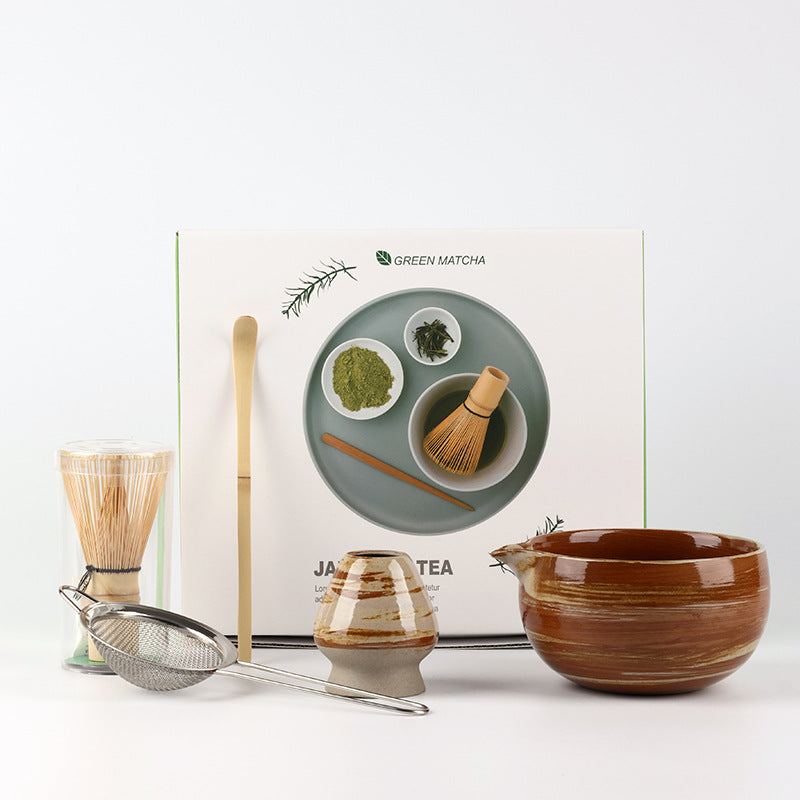 Smooth Coffee Brown / 5 Pieces ceramic matcha set with bamboo whisk and scoop