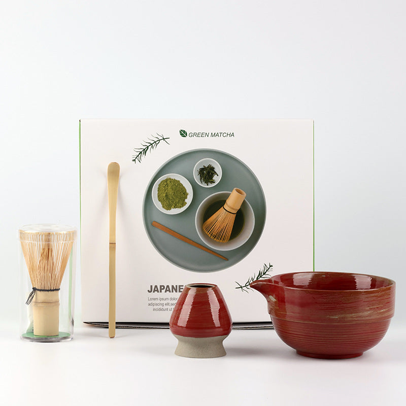 Ridged Deep Red / 4 Pieces ceramic matcha set with bamboo whisk and scoop