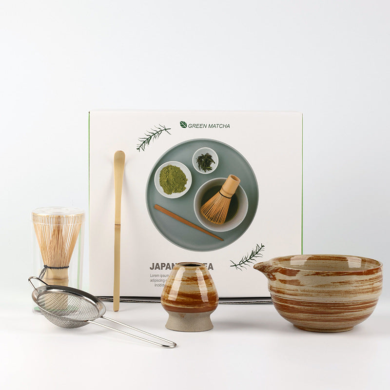 Ridged Coffee Brown / 5 Pieces ceramic matcha set with bamboo whisk and scoop