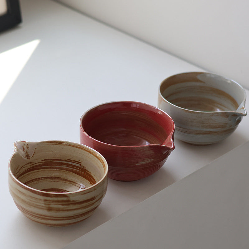 Interior glaze and pouring spouts of the ridged ceramic matcha bowls