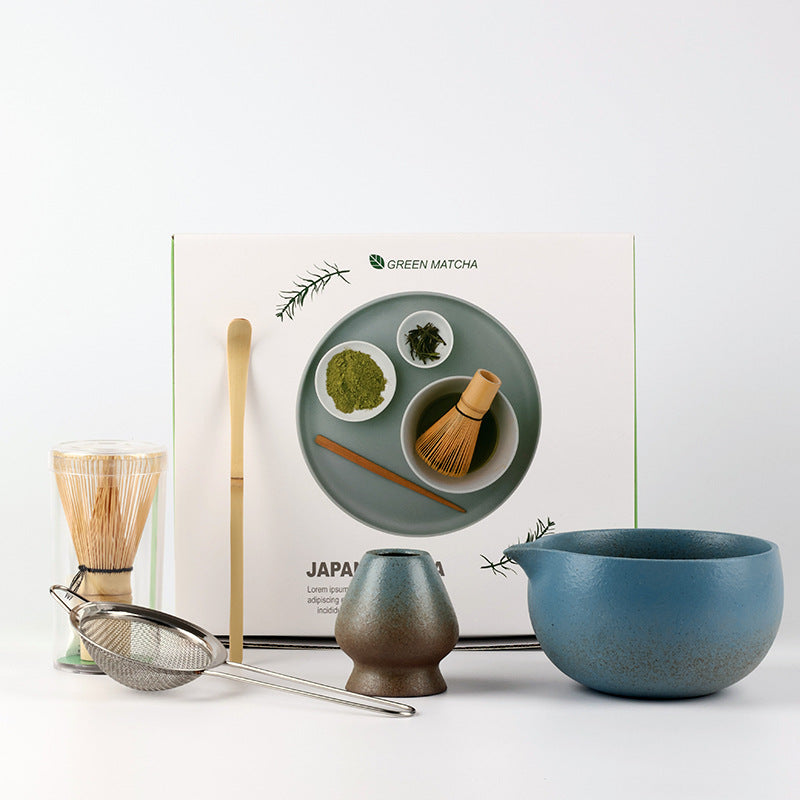Smooth Blue / 5 Pieces ceramic matcha set with bamboo whisk and scoop