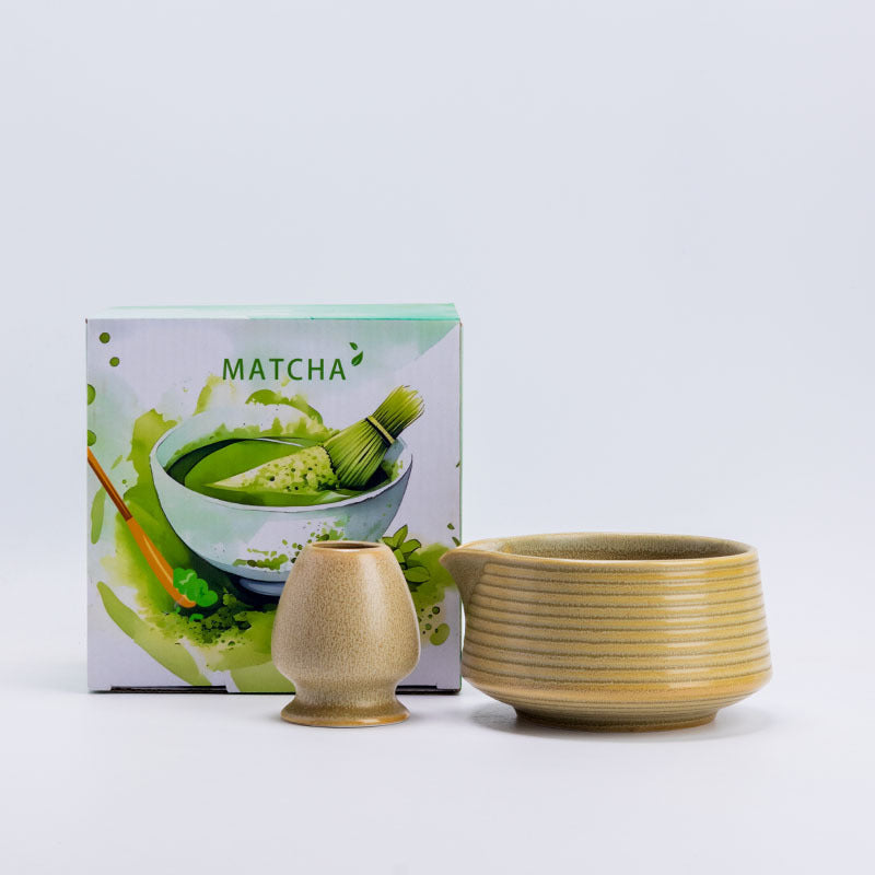 Spouted / Sand ceramic matcha bowl and matching whisk holder with the illustrated English MATCHA box