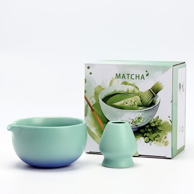 Mint and Blue ceramic matcha bowl and matching whisk holder with its retail box