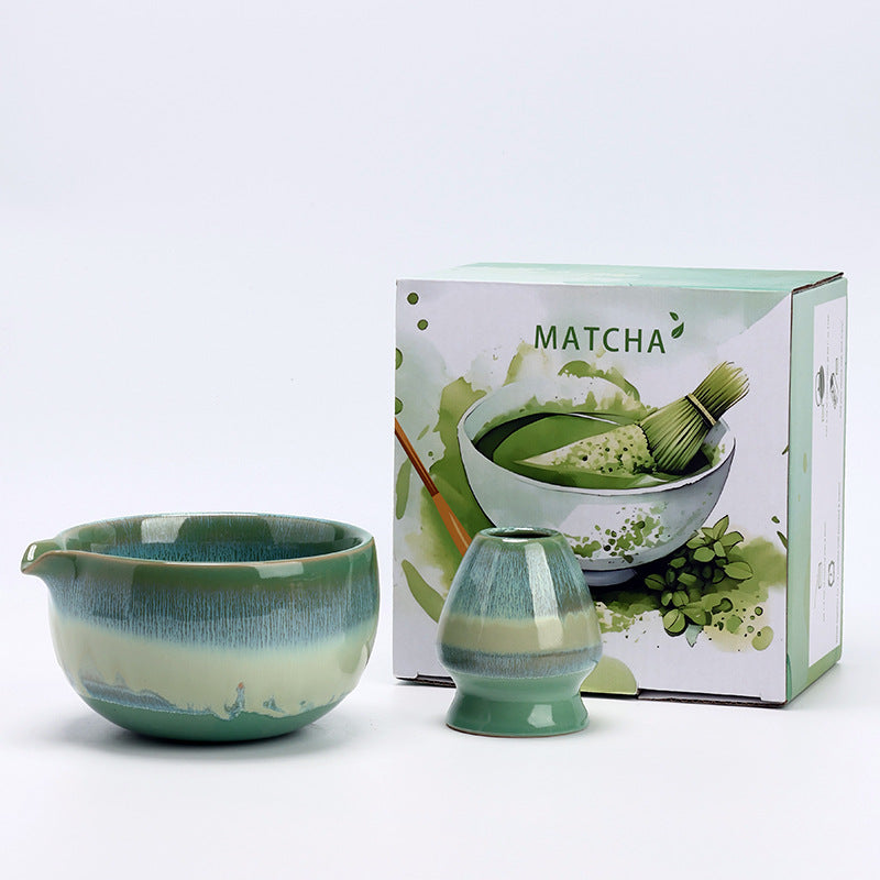 Forest Green ceramic matcha bowl and matching whisk holder with its retail box