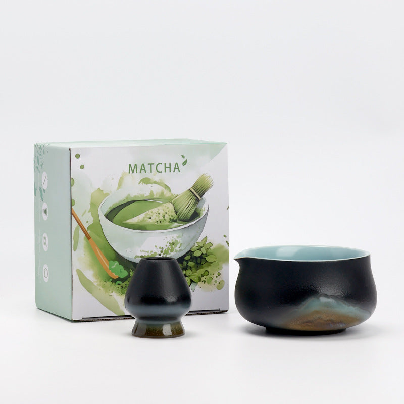 Black mountain-pattern ceramic matcha bowl and whisk holder with the included MATCHA box