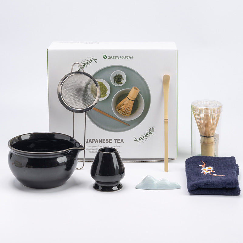 Black - 7 Pieces rounded ceramic matcha preparation set with the actual English retail box