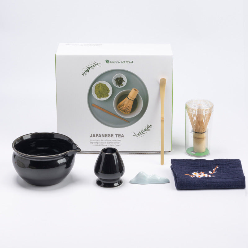 Black - 6 Pieces rounded ceramic matcha preparation set with the actual English retail box