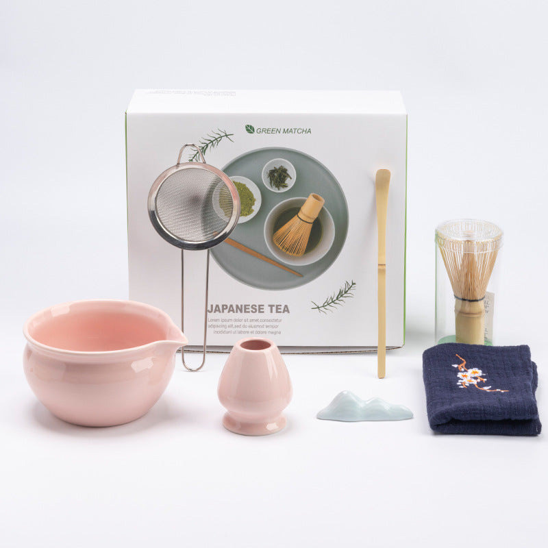 Pink - 7 Pieces rounded ceramic matcha preparation set with the actual English retail box