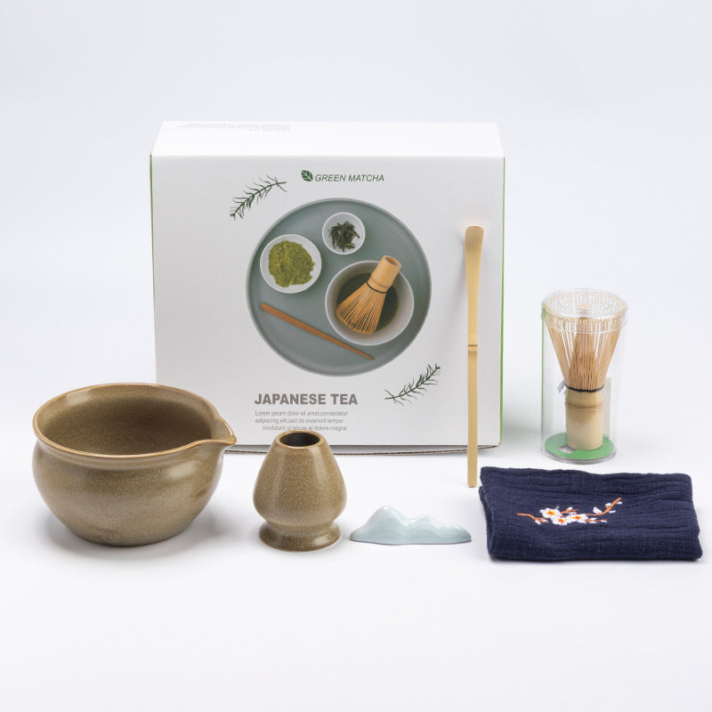 Brown - 6 Pieces rounded ceramic matcha preparation set with the actual English retail box