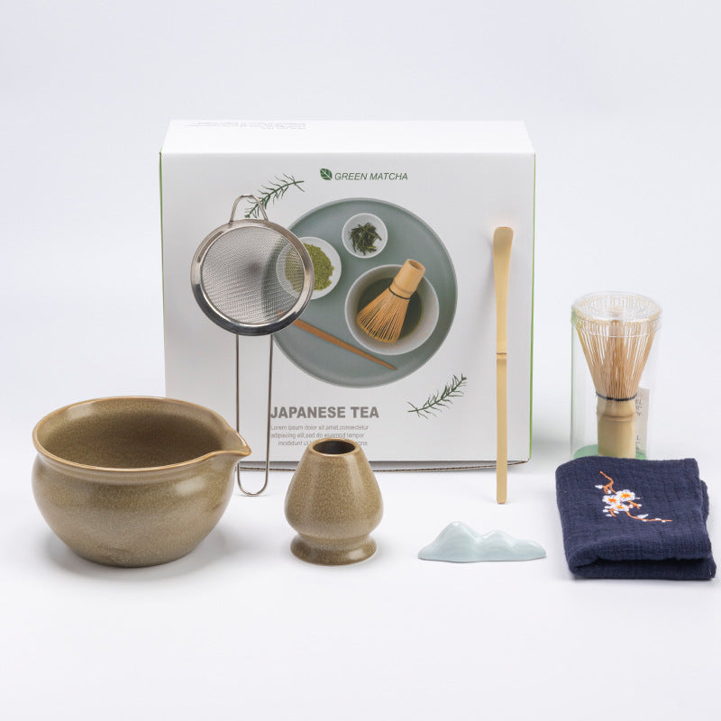 Brown - 7 Pieces rounded ceramic matcha preparation set with the actual English retail box