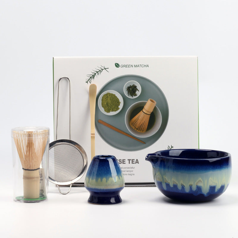 Blue Green Gradient five-piece matcha set with ceramic bowl, holder, whisk, scoop, strainer and presentation carton