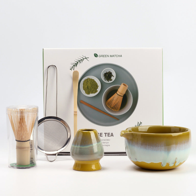 Ochre Green Gradient five-piece matcha set with ceramic bowl, holder, whisk, scoop, strainer and presentation carton