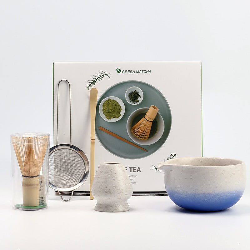 Ivory Blue Gradient five-piece matcha set with ceramic bowl, holder, whisk, scoop, strainer and presentation carton