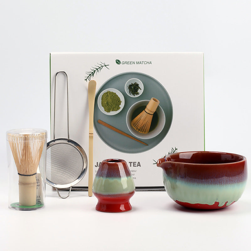 Red Green Gradient five-piece matcha set with ceramic bowl, holder, whisk, scoop, strainer and presentation carton