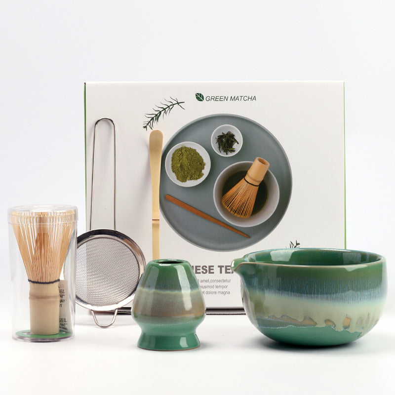 Deep Green Gradient five-piece matcha set with ceramic bowl, holder, whisk, scoop, strainer and presentation carton