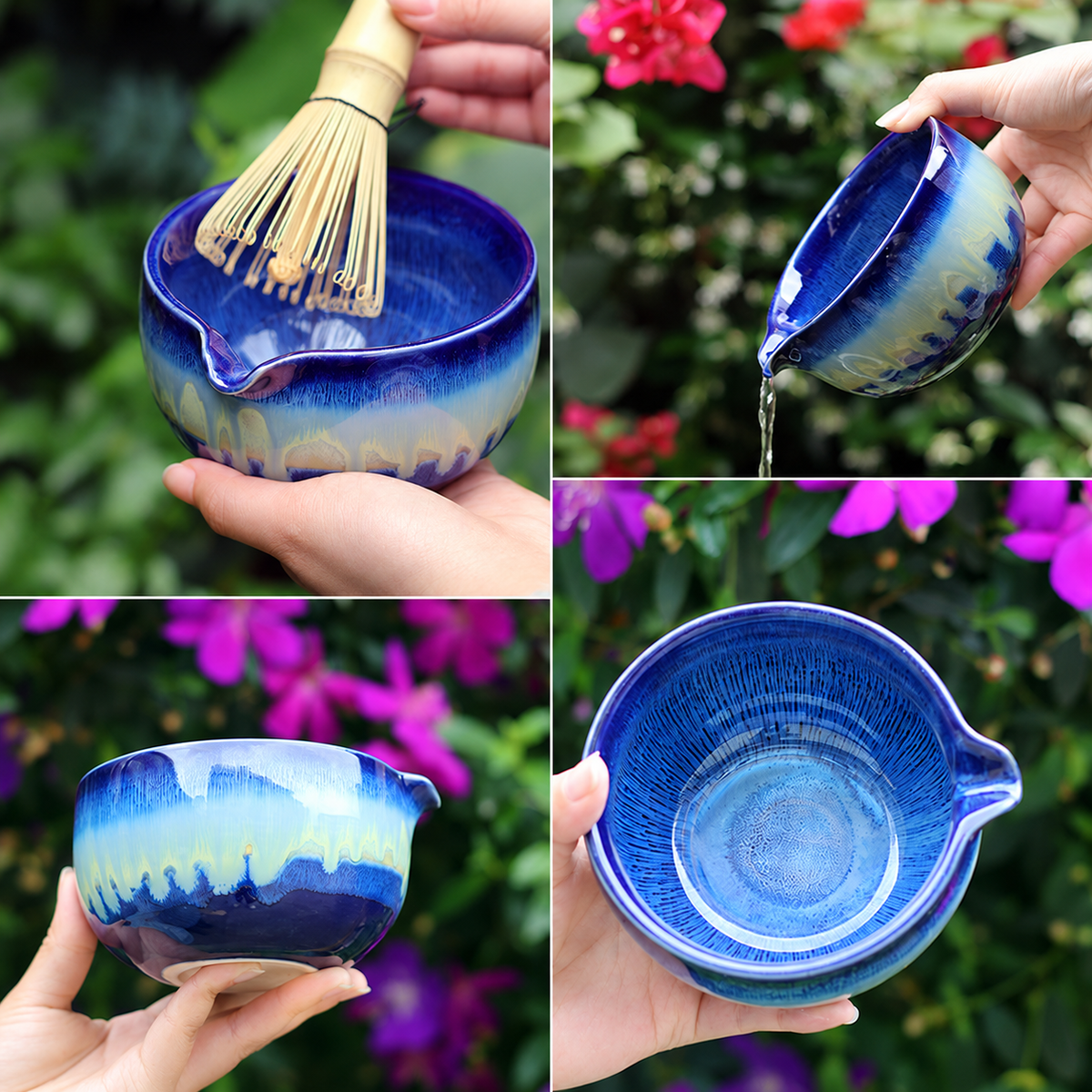 Four views of the yellow and blue matcha bowl showing whisking, pouring, glaze and interior texture