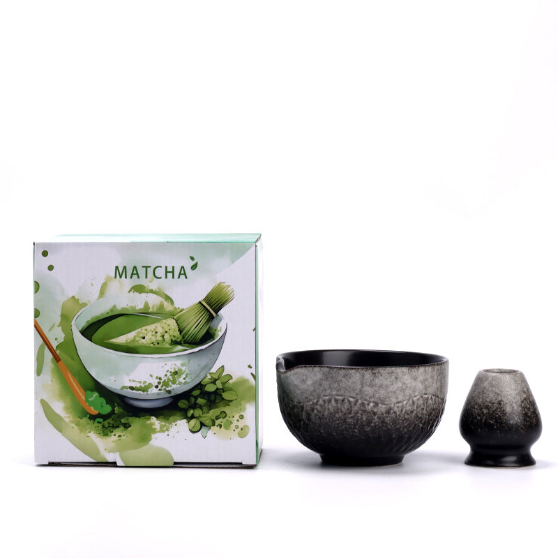 Charcoal White ceramic matcha bowl and holder with the associated English MATCHA carton