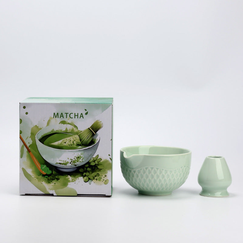 Celadon ceramic matcha bowl and holder with the associated English MATCHA carton