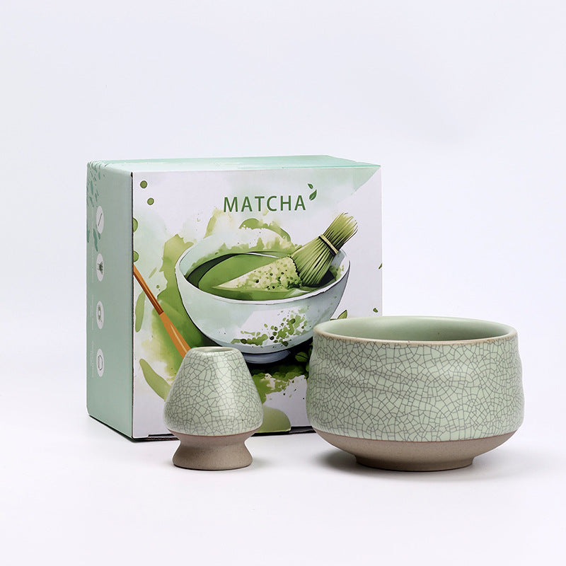 Crackle Glaze - Celadon ceramic bowl and coordinating whisk holder beside the associated MATCHA carton