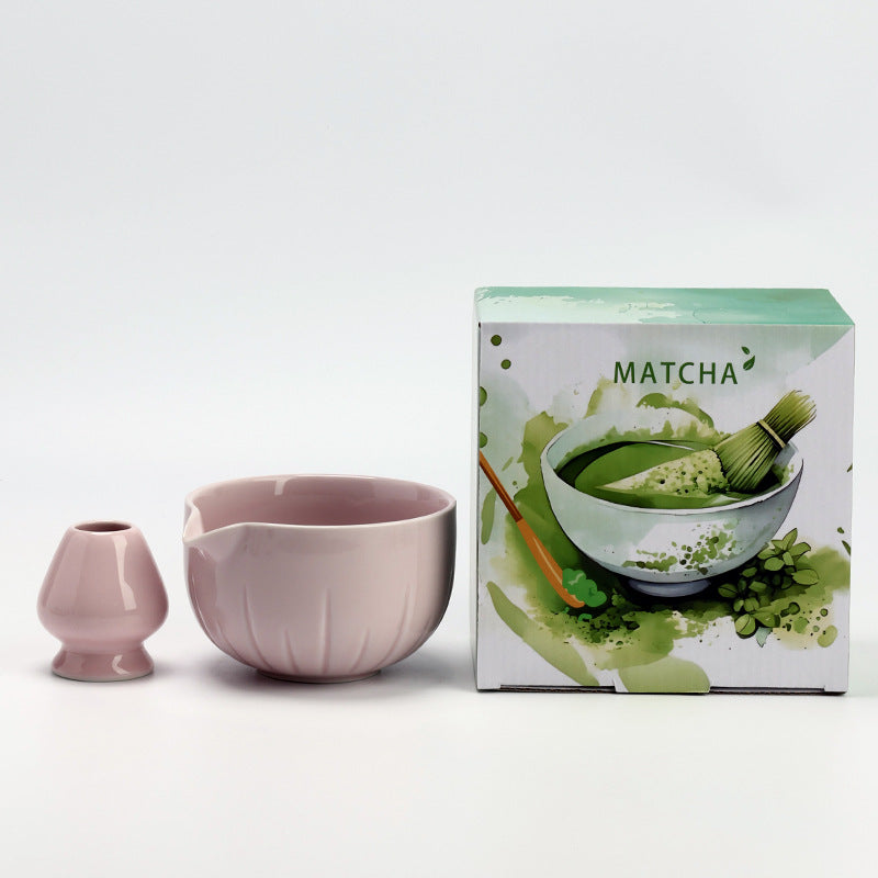 Petal Bowl - Soft Lilac ceramic bowl and coordinating whisk holder beside the associated MATCHA carton