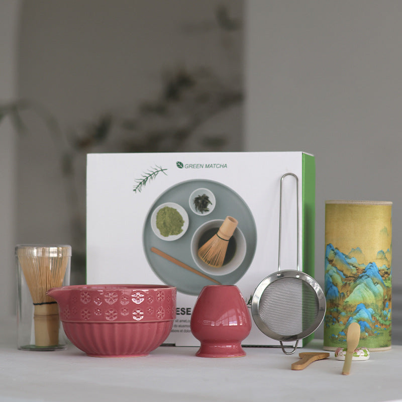 Rose Pink eight-piece matcha set with embossed bowl, tools, landscape cloth and presentation carton