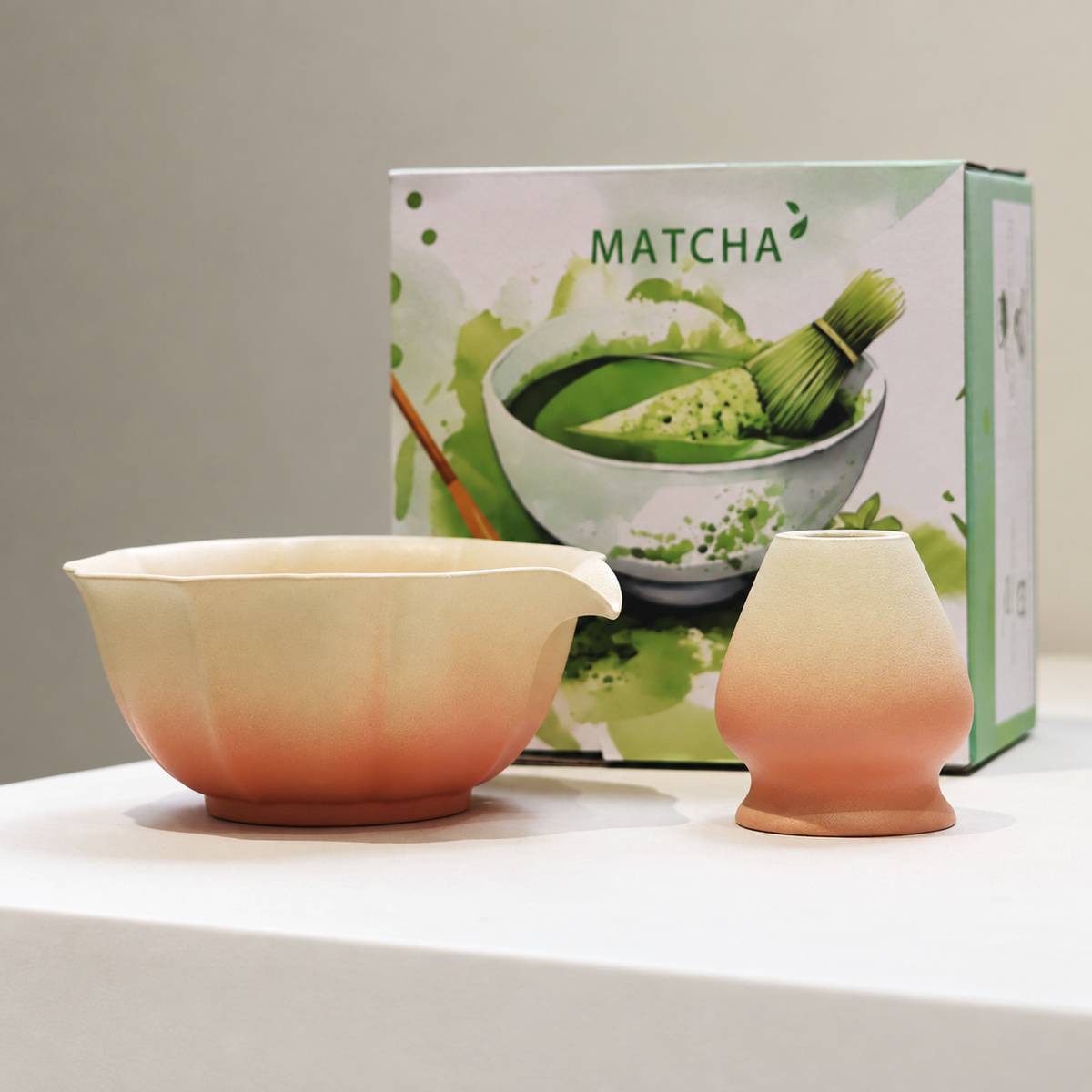 Yellow Pink scalloped ceramic matcha bowl and whisk holder with printed English gift box