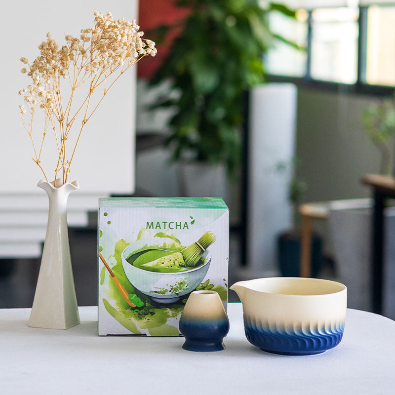 Blue Gradient relief-pattern matcha bowl and matching whisk holder with illustrated MATCHA box