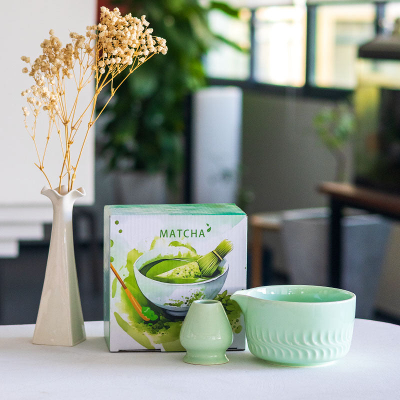 Mint relief-pattern matcha bowl and matching whisk holder with illustrated MATCHA box