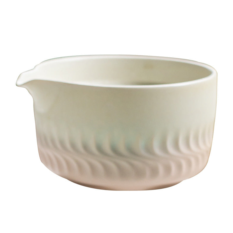 Close view of the pink gradient bowl curved relief pattern, interior and pouring spout