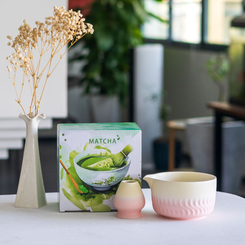 Pink Gradient relief-pattern matcha bowl and matching whisk holder with illustrated MATCHA box