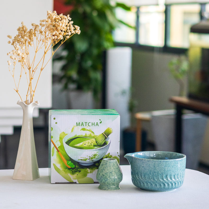 Jade Blue relief-pattern matcha bowl and matching whisk holder with illustrated MATCHA box