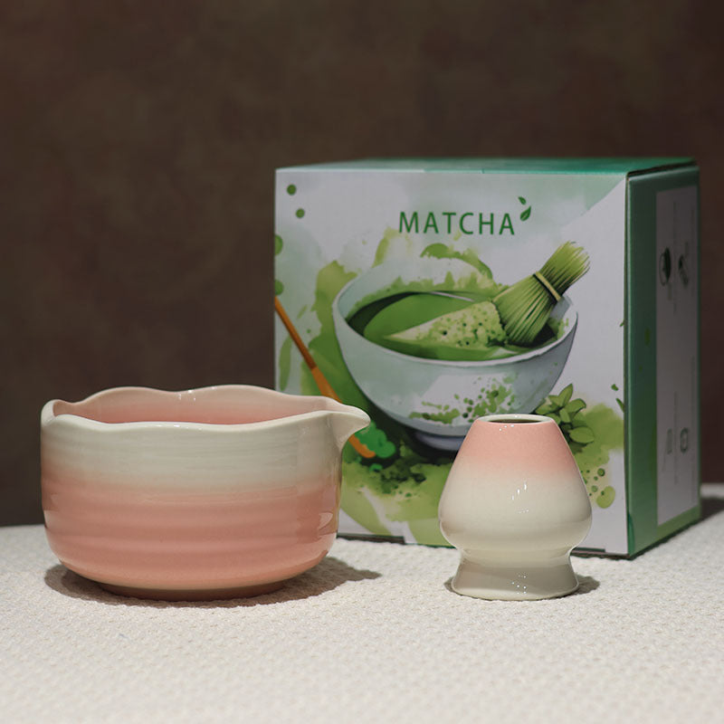 Pink and White scalloped-rim matcha bowl and matching holder with illustrated MATCHA box