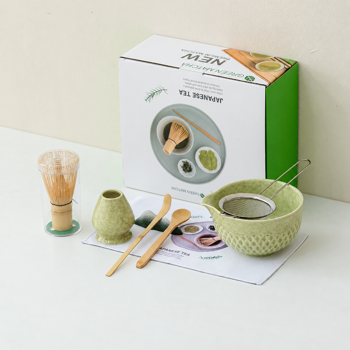 Matcha Green diamond textured ceramic matcha set with tools, printed cloth, clear whisk tube and retail box