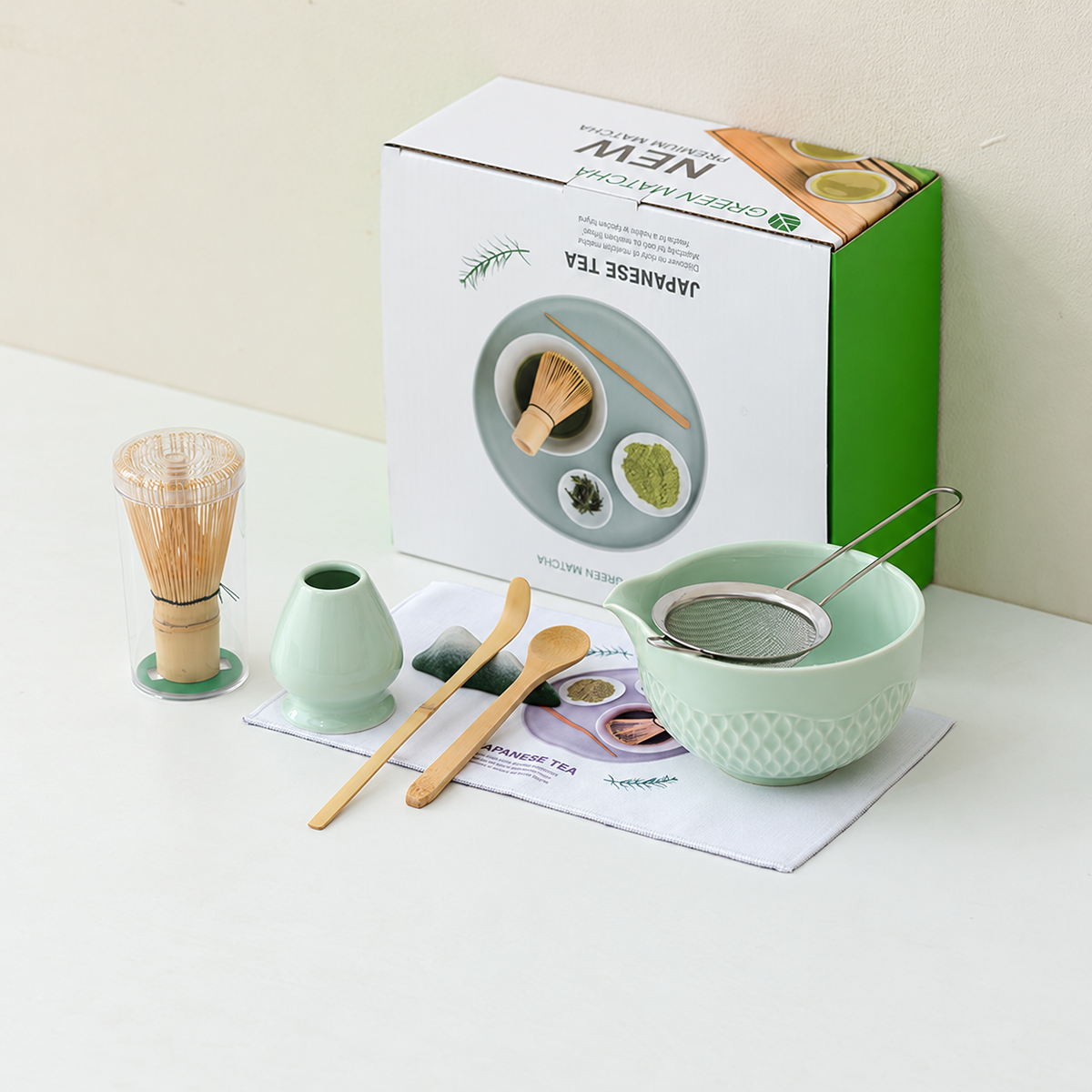Mint Green diamond textured ceramic matcha set with tools, printed cloth, clear whisk tube and retail box