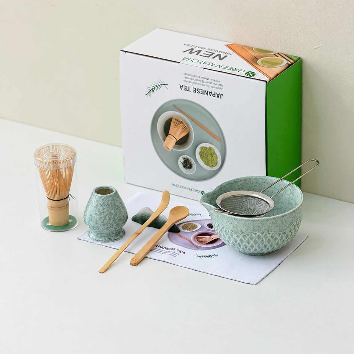 Blue Green diamond textured ceramic matcha set with tools, printed cloth, clear whisk tube and retail box