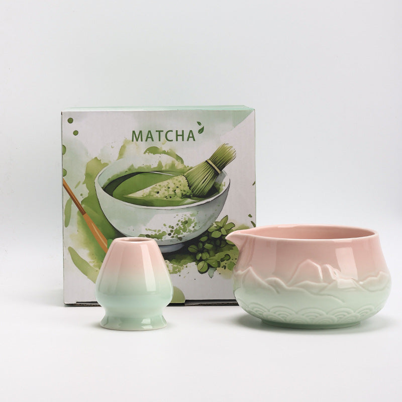 Pink and Mint ceramic matcha bowl and matching whisk holder with its retail box
