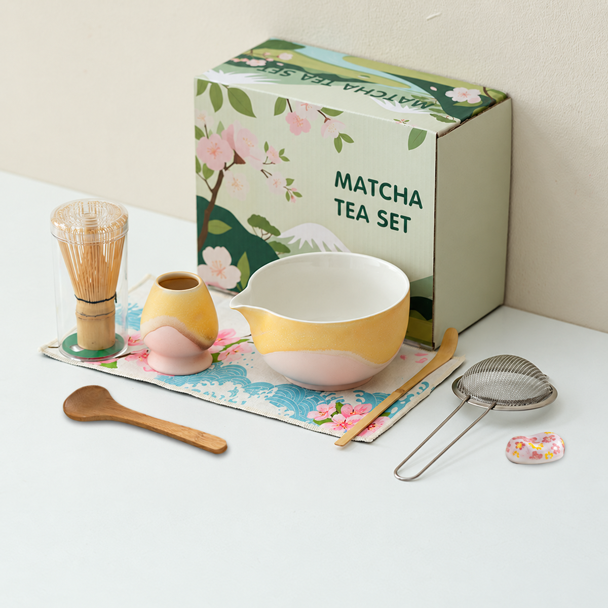 Amber Pink / 8 Piece mountain glaze matcha preparation set with English floral box and clear whisk protection