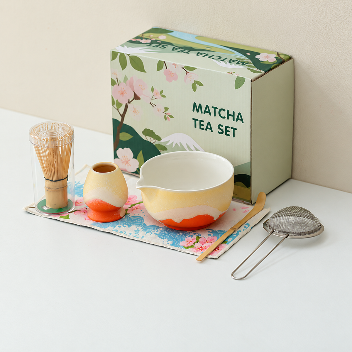 Sunset Orange / 6 Piece mountain glaze matcha preparation set with English floral box and clear whisk protection