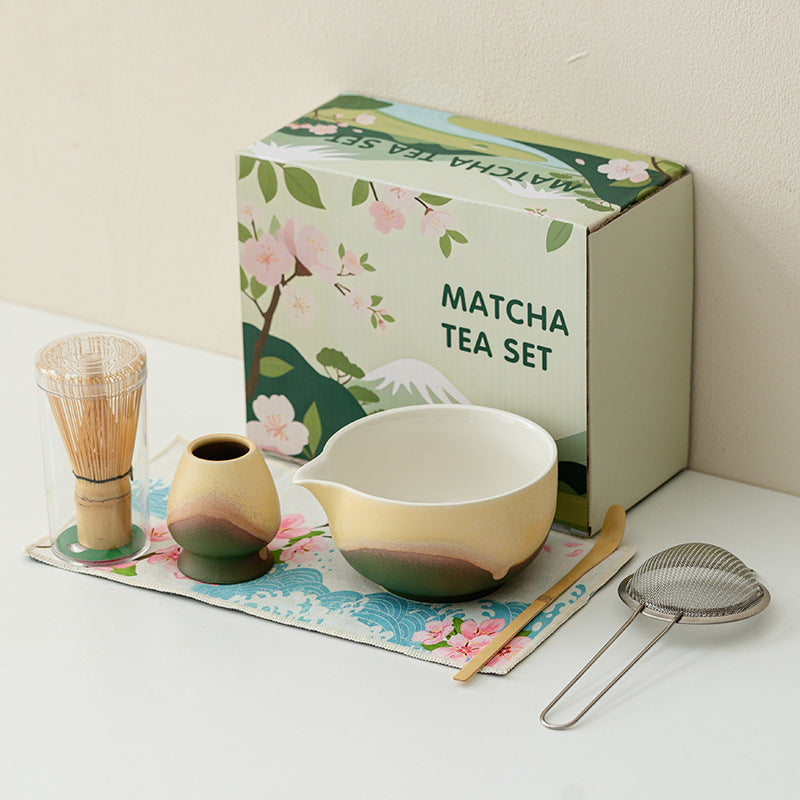 Forest Green / 6 Piece mountain glaze matcha preparation set with English floral box and clear whisk protection
