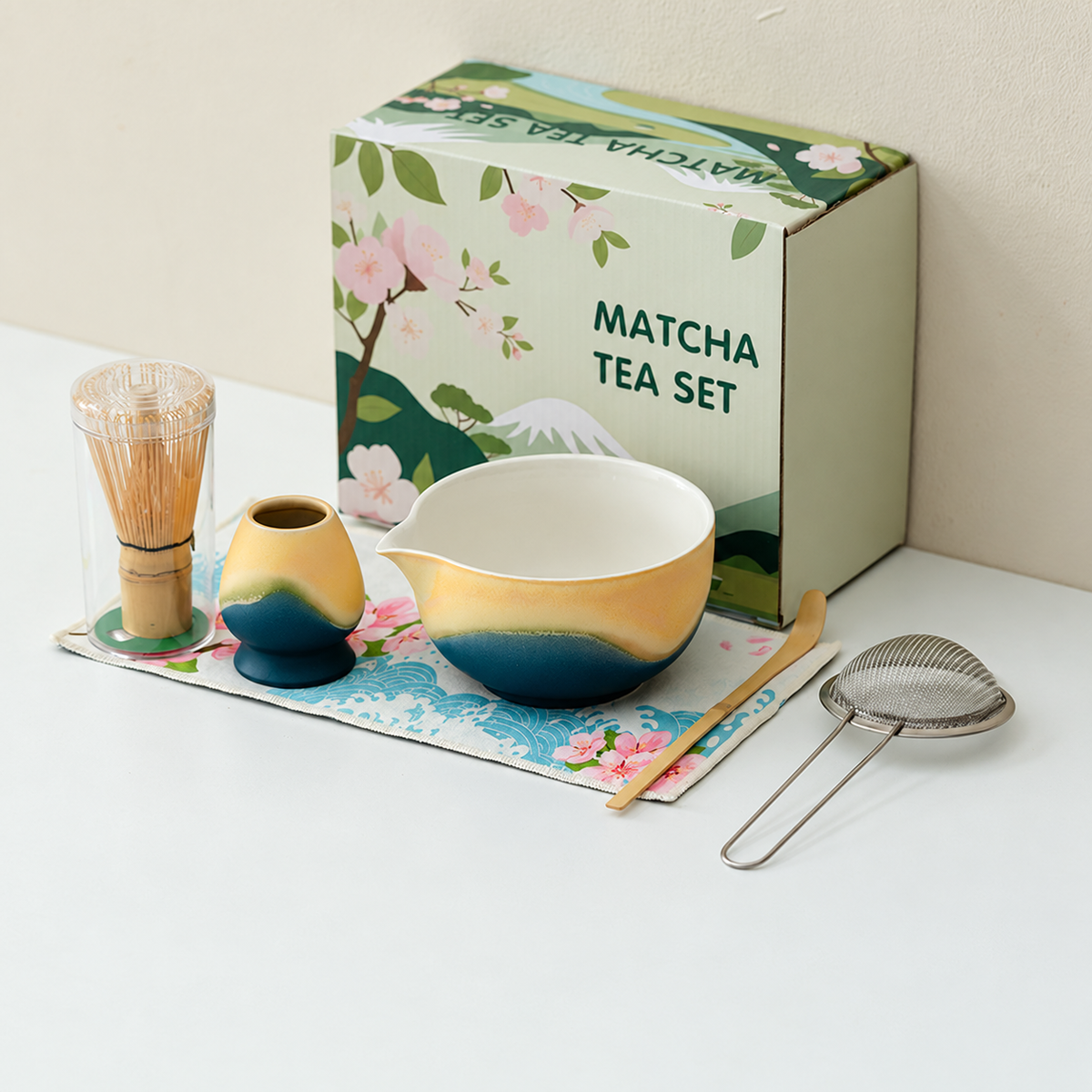 Ocean Blue / 6 Piece mountain glaze matcha preparation set with English floral box and clear whisk protection