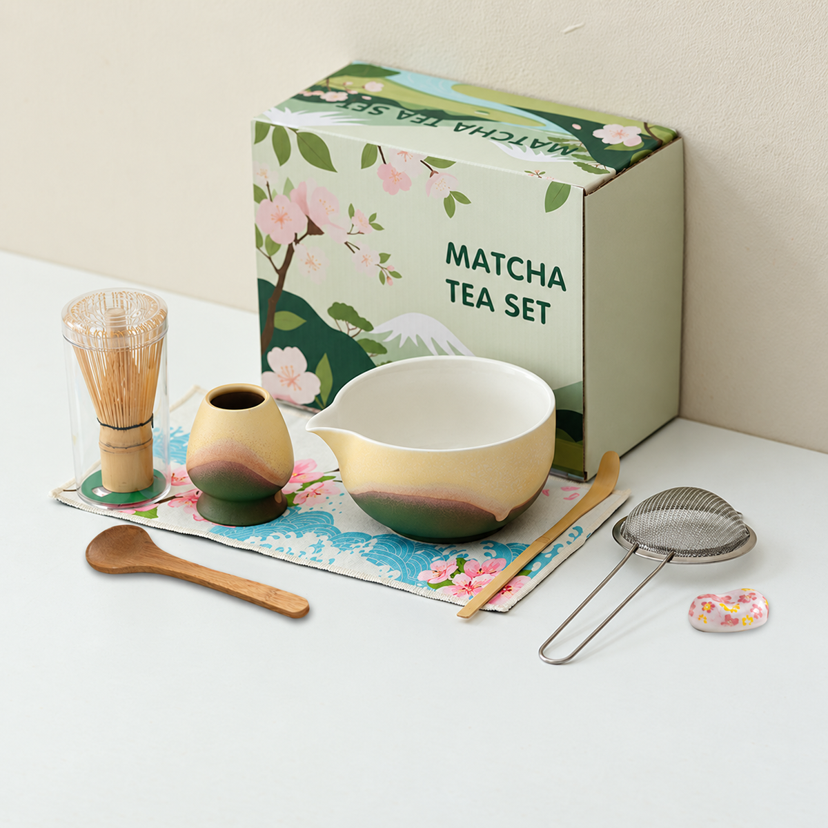 Forest Green / 8 Piece mountain glaze matcha preparation set with English floral box and clear whisk protection