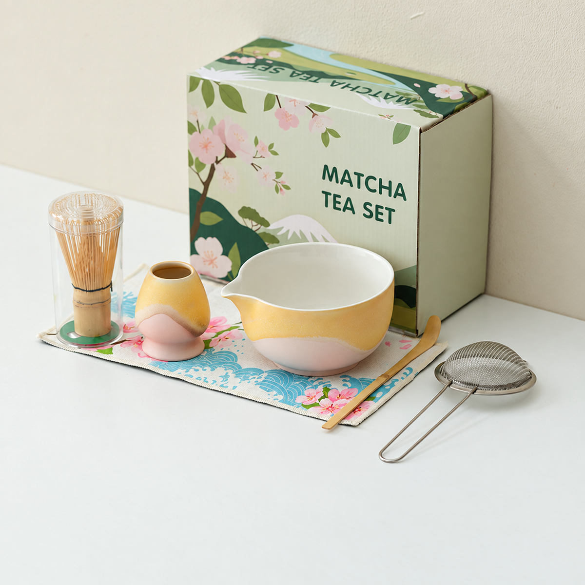 Amber Pink / 6 Piece mountain glaze matcha preparation set with English floral box and clear whisk protection