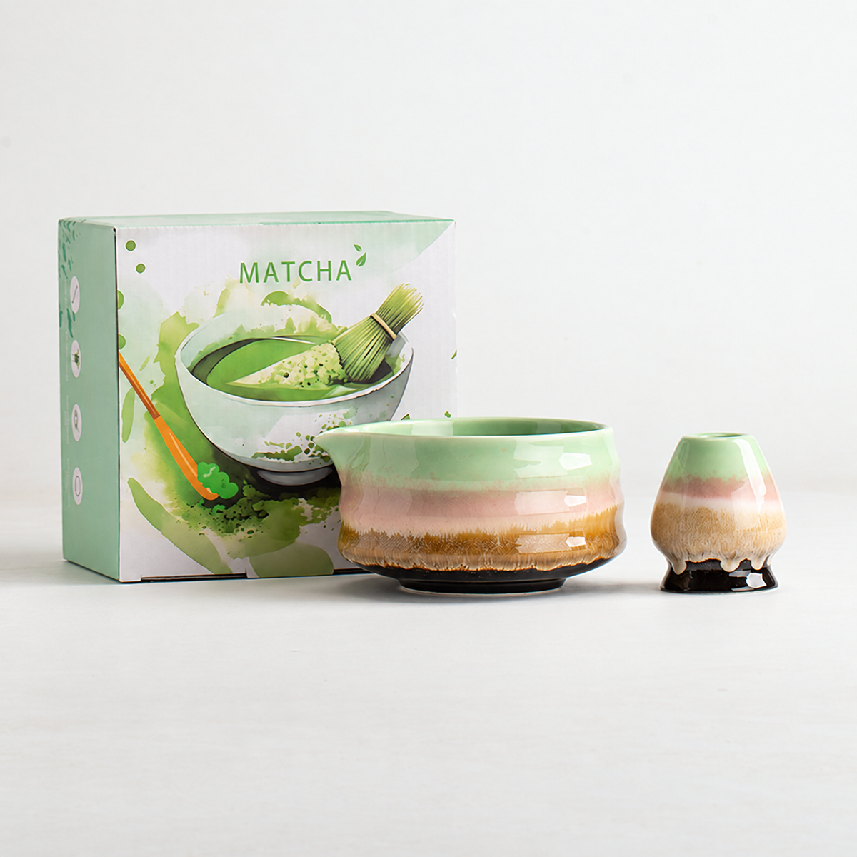 Mint Green / Banded Bowl matcha bowl and coordinating whisk holder with English retail box