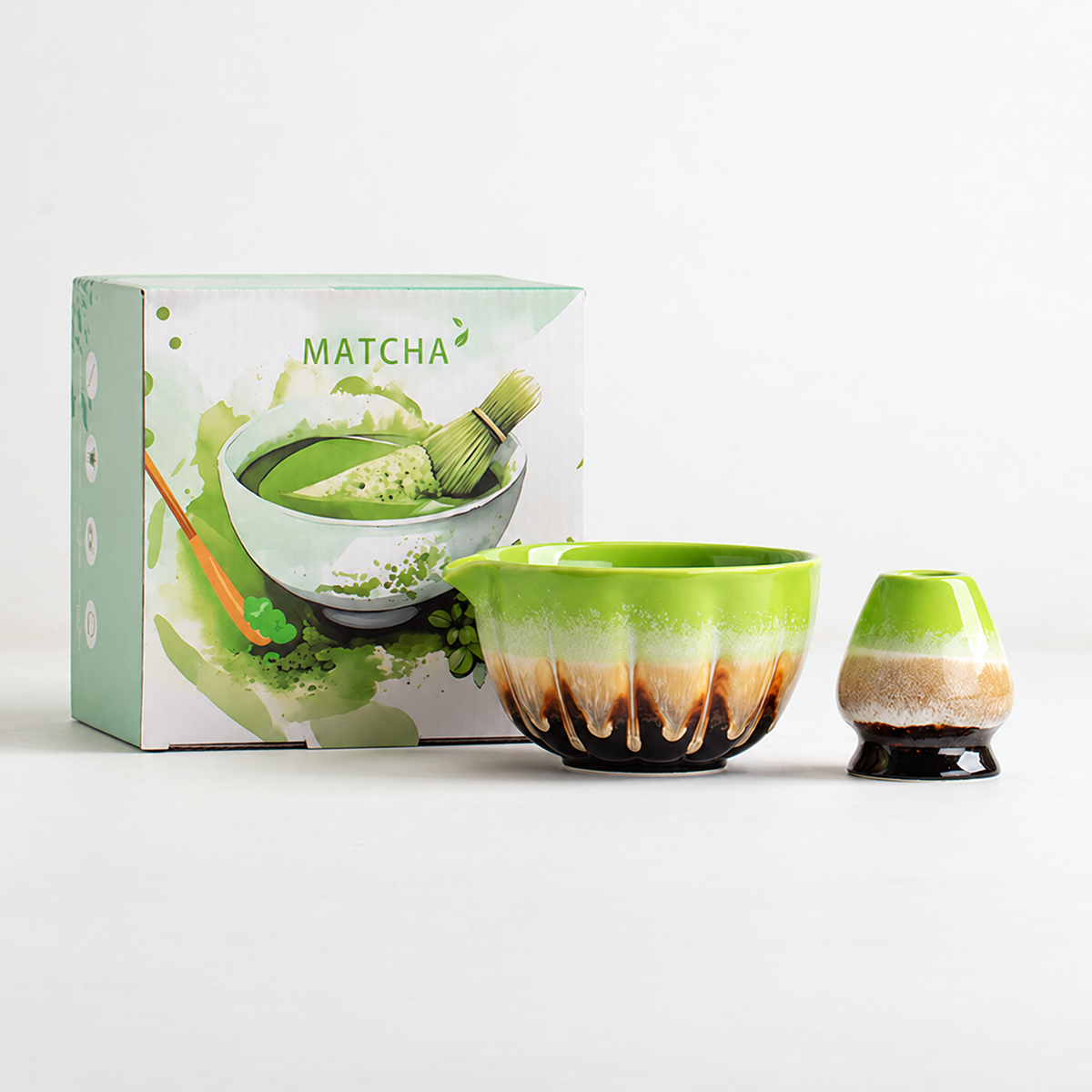 Matcha Green / Fluted Bowl matcha bowl and coordinating whisk holder with English retail box